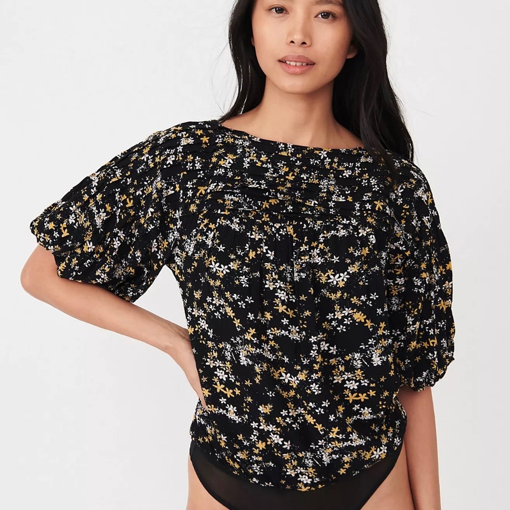 Intimately Free People Black and Yellow Ditsy Floral Print Dessa Bodysuit Size M